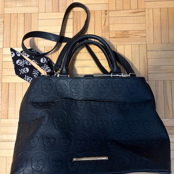 Betsey Johnson Handbags - Betsey Johnson - Black Skull Embossed Tote Bag with Scarf Accent